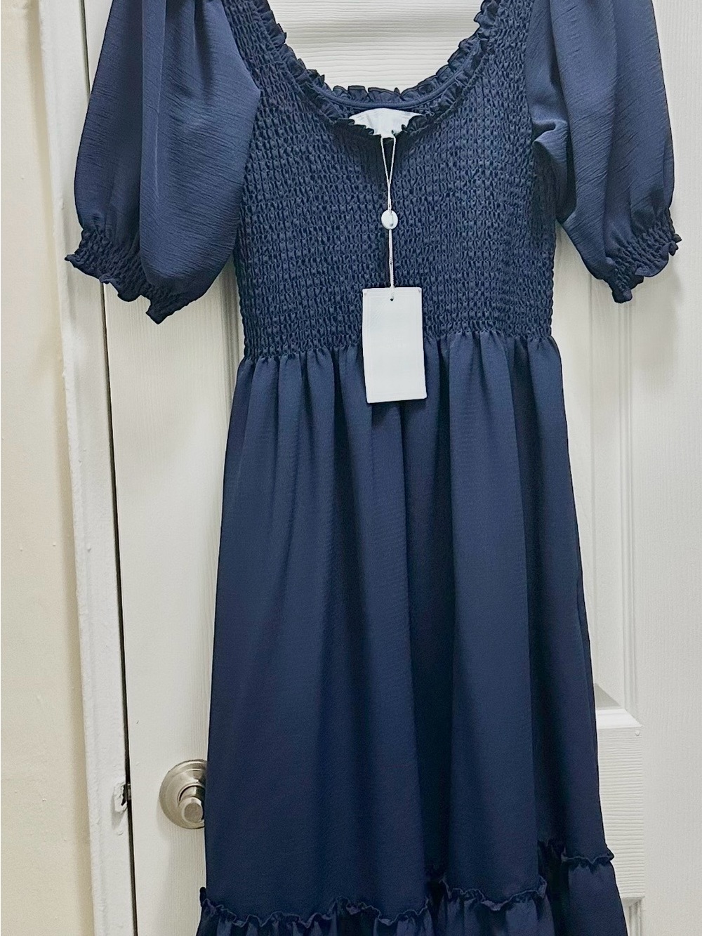 Hill House Navy Smocked Puff-Sleeve Dress for women.